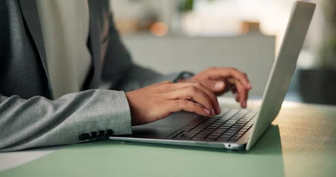 Typing, journalist or hands in office with laptop, industry research or edit of Stock Footage 324384296