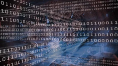 Typing on keyboard activating binary grid scrolling and virus models drifting Stock Footage 319573935