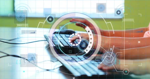 Typing on keyboard with animation of futuristic graphics overlaying screen Video stock 304768375