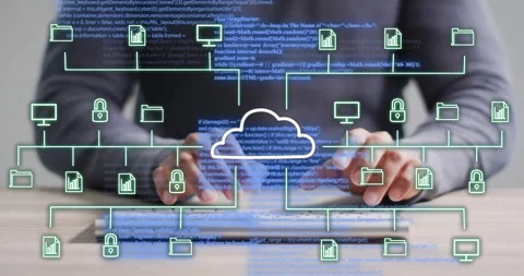 Typing on keyboard, cloud computing and data security animation over code Stock Footage 304767451