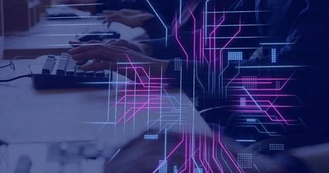Typing on keyboard, hands over digital data and coding image Stock Photos