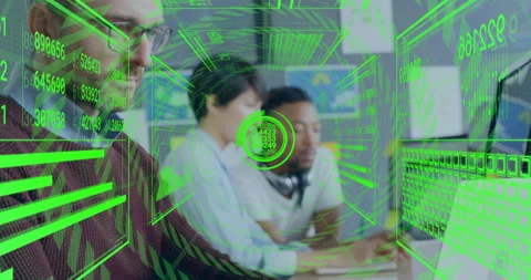 Typing on keyboard initiating bright tech overlay while team reviewing code for Video stock 312638792