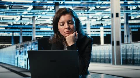 Typing on keyboard, laptop and engineer in data center Stock Photos