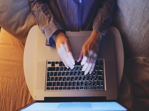 Typing on Keyboard at Night CLOSE UP. 4K SLOW MOTION, DCi. Stock Footage 75667739
