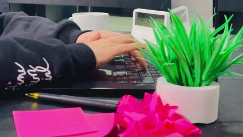 Typing on laptop, 16:9 widescreen footage, working at desk Stock Footage 337727498