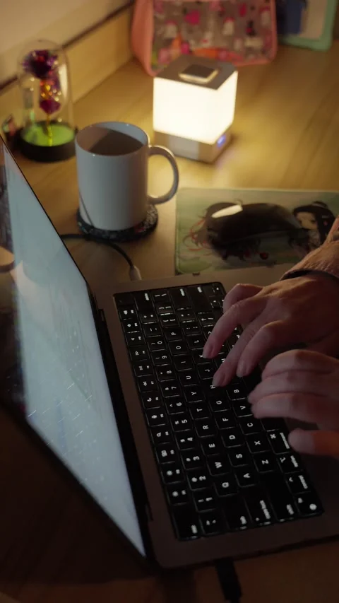 Typing on Laptop and Drinking Coffee at Warm Home Workspace Stock-Footage 344950278