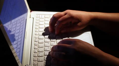 Typing on laptop. closeup. White keyboard and blue screen Stock Footage 54618315