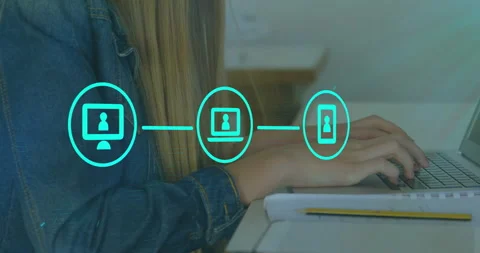 Typing on laptop with digital network icons overlayed, person creating animation Stock Footage 303422207
