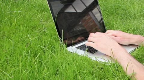 Typing on laptop in grass Video stock 11868259