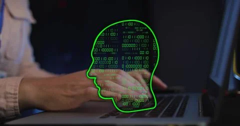 Typing on laptop, hands over binary code and human head image 스톡 사진