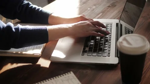 Typing on laptop keyboard. Man working in office. Businessman texting on Stock Footage 185594077