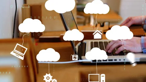 Typing on laptop in office, cloud computing icons with animation overlaying Stock Footage 304769342