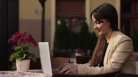 Typing on laptop, office outside, study online, 스톡 동영상 278285950