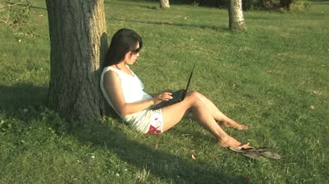 Typing on a laptop in the park Stock Footage 11516675
