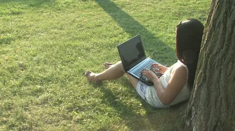 Typing on a laptop in the park Stock Footage 11516902