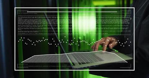 Typing on laptop, person with data analysis image over green background 写真素材