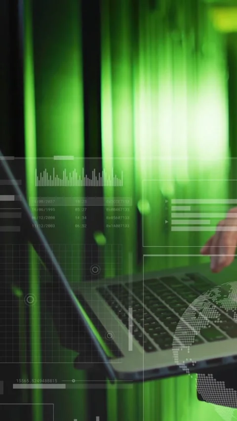 Typing on laptop, person with data processing animation over green-lit server Stock Footage 343028614