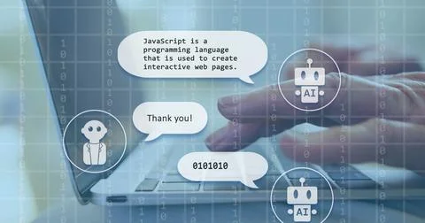 Typing on laptop, person programming AI chatbots and interacting with messages Stock Photos