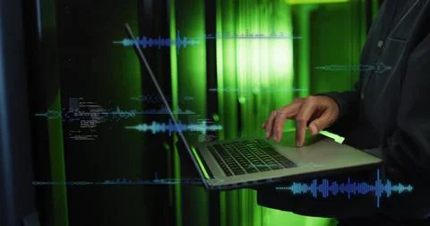 Typing on laptop, person with sound waveforms and data processing image over Foto stock