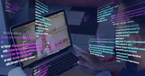 Typing laptop user hovering maroon-sleeved hand on pad at home, on-screen woman, Photos