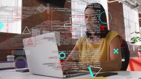Typing on laptop, woman causing security alerts and code overlays intensifying, Stock Footage 333155391