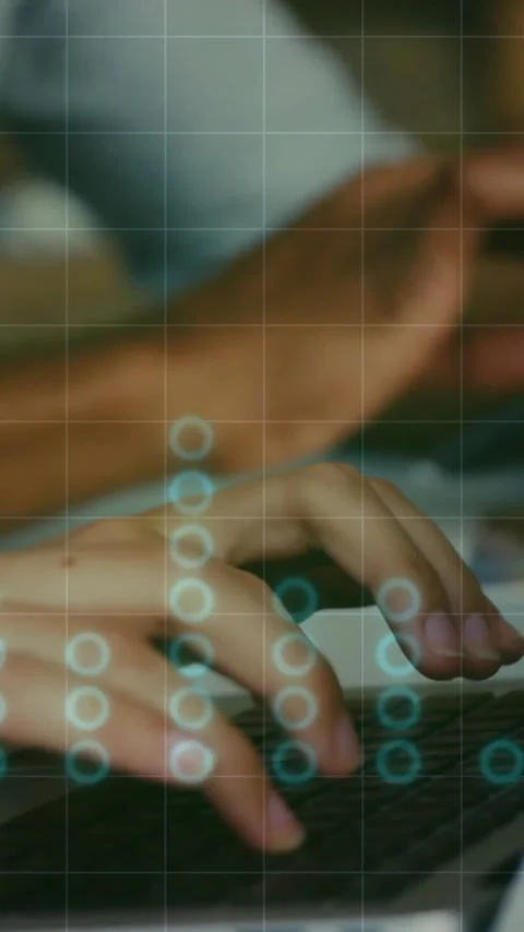 Typing on laptops, binary code and data processing animation over hands Video stock 319822581