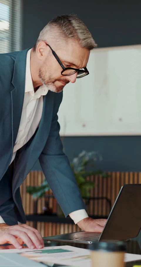 Typing, man or laptop with documents in office for data analysis, policy update Stock Footage 332976407