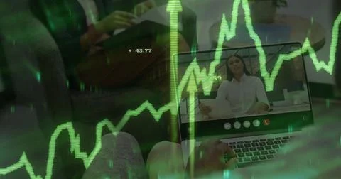 Typing man on sofa using laptop in living room, showing woman holding document, Stock Photos