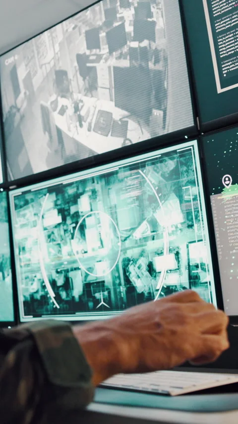 Typing, military or hands with computer screen in control room, defense mission Stock Footage 335276282