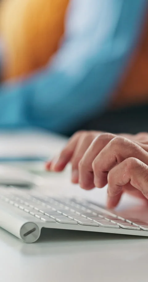 Typing, online and hands with computer, office and reporter with story draft on Stock Footage 335746228