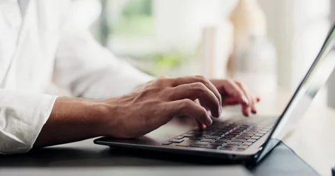 Typing, online and hands with laptop, home office and copywriting on social Stock Footage 329454790