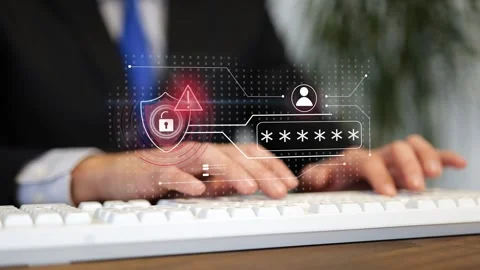 Typing password on keyboard. Digital overlay transitioning from a green secure Stock Footage 336440980