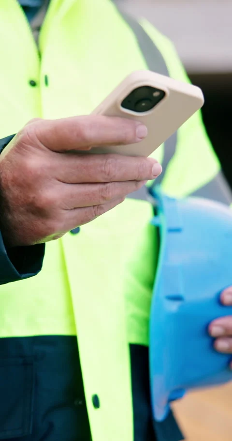 Typing, phone and hands of architect on construction site with chat, inspection Stock Footage 340873369