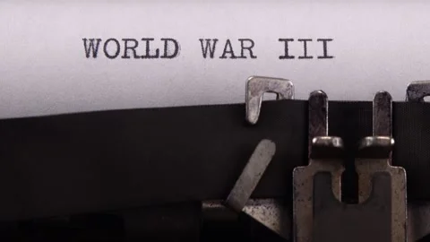 Typing phrase "WORLD WAR III" on retro typewriter. Stock-Footage 182383699