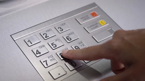 Typing Pin Code ATM Banking Cash Machine  Stock Footage 93643542