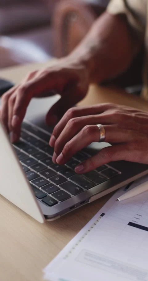 Typing, remote work or hands with laptop in coffee shop, snapshot testing or Stock Footage 331471706