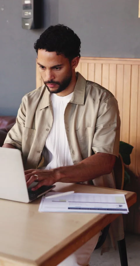 Typing, remote work or man with laptop in cafe, snapshot testing or check system Video stock 331514789