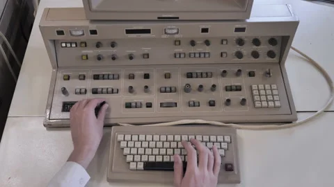 Typing On Retro Keyboard And Adjust Old Control Panel Board Stock Footage 157993975