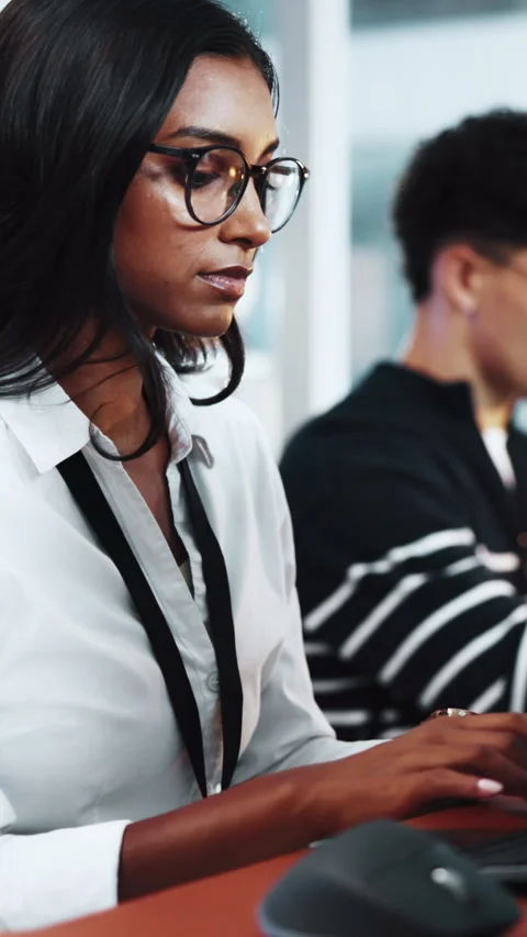 Typing, review and woman with programming in office, server update and system Stock Footage 333256453