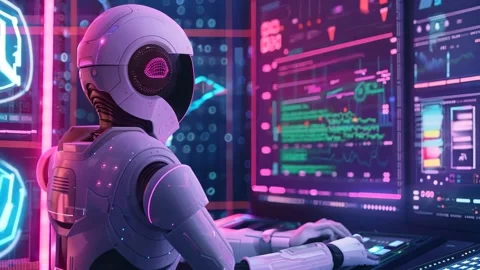 Typing Robot Facing Computer Screens Stock Footage 294666239