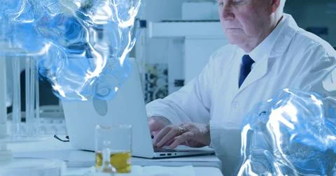 Typing scientist in lab coat examining laptop screen in lab, holographic brain Stock Photos