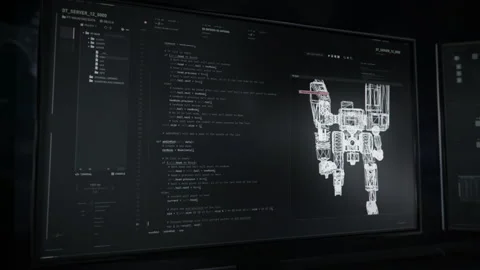 Typing scripts inside of the computer application to animate game character Stock Footage 198943327