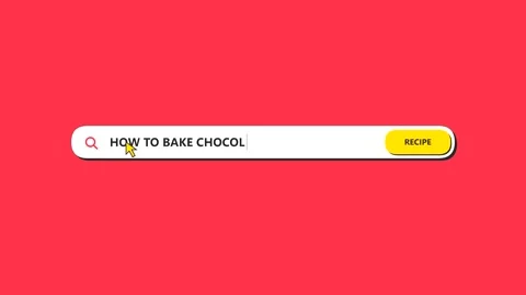 Typing search query "How to bake chocolate cookies" on red background Stock Footage 346539833