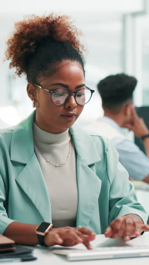 Typing, software developer and business woman in office for update, game Stock Footage 306821296