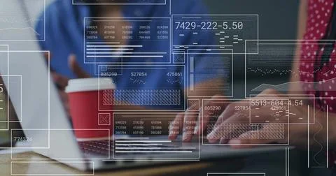 Typing software developers collaborating at modern office on wooden desk with 스톡 사진