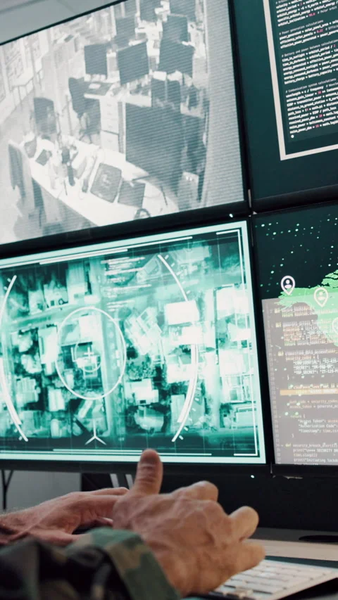 Typing, soldier or hands with computer screen in control room, military mission Stock Footage 335321309