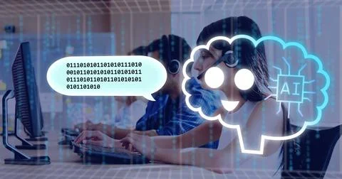 Typing support agent wearing white sleeveless top, headset at desk with binary Stock Photos