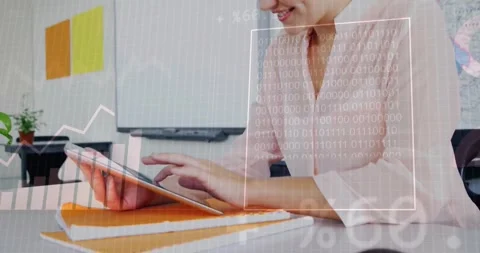 Typing on tablet, person with binary code animation overlay in school setting Stock Footage 330342272