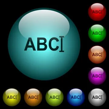 Typing text with cursor icons in color illuminated glass buttons Stock Illustration