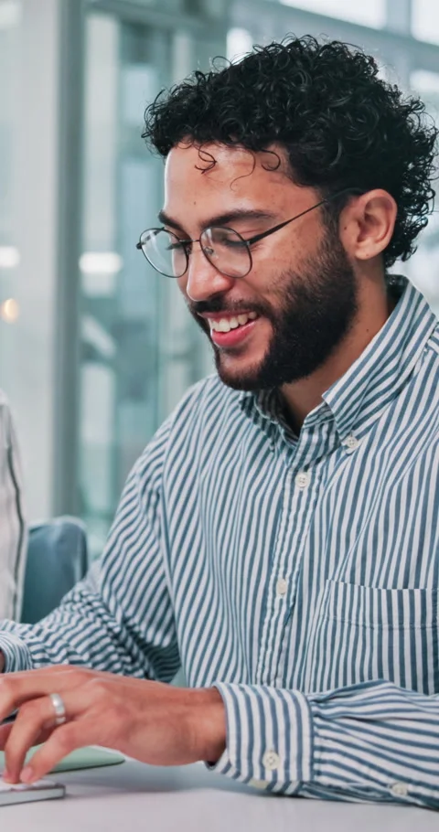 Typing, thinking and man in office for web design, business ideas or software Stock Footage 333386183